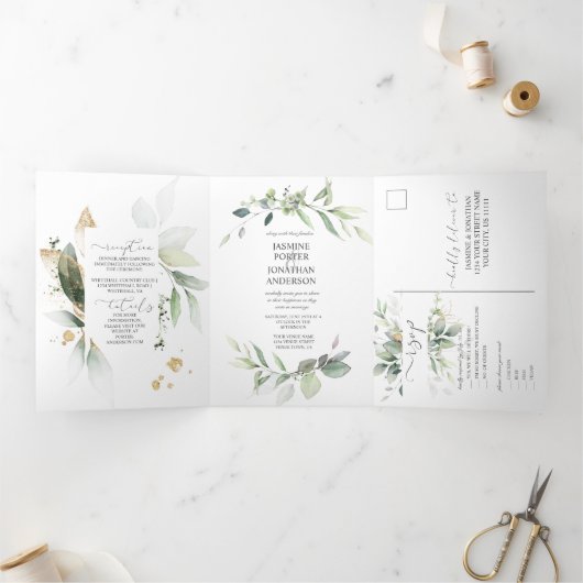 Groen en Goud Verlaat Botanicals Wedding Drieluik Uitnodiging (Binnen)