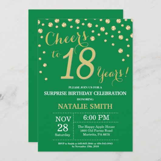 Groen en goud verrassing 18e verjaardag diamant kaart (Voorkant / Achterkant)