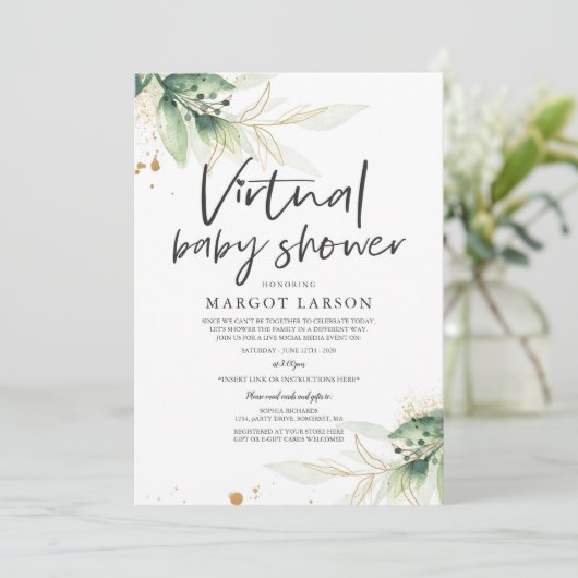 Groen en goud virtueel Baby shower Kaart (Staand voorkant)