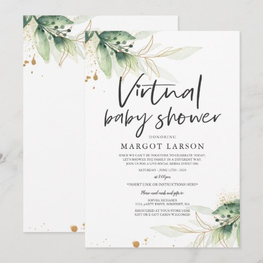 Groen en goud virtueel Baby shower Kaart (Voorkant / Achterkant)