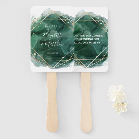Groen en Goud Waterverf Geometrische Trouwdag Handwaaier (Voorkant en achterkant)