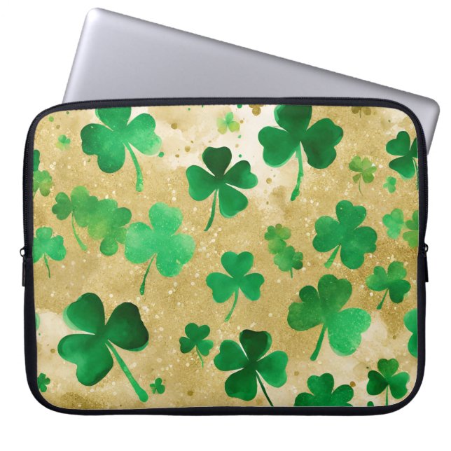 GROEN EN GOUD WATERVERF IERSE SHAMROCKS LAPTOP SLEEVE (Voorkant)
