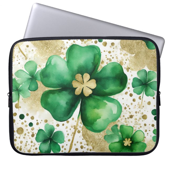 GROEN EN GOUD WATERVERF IERSE SHAMROCKS LAPTOP SLEEVE (Voorkant)