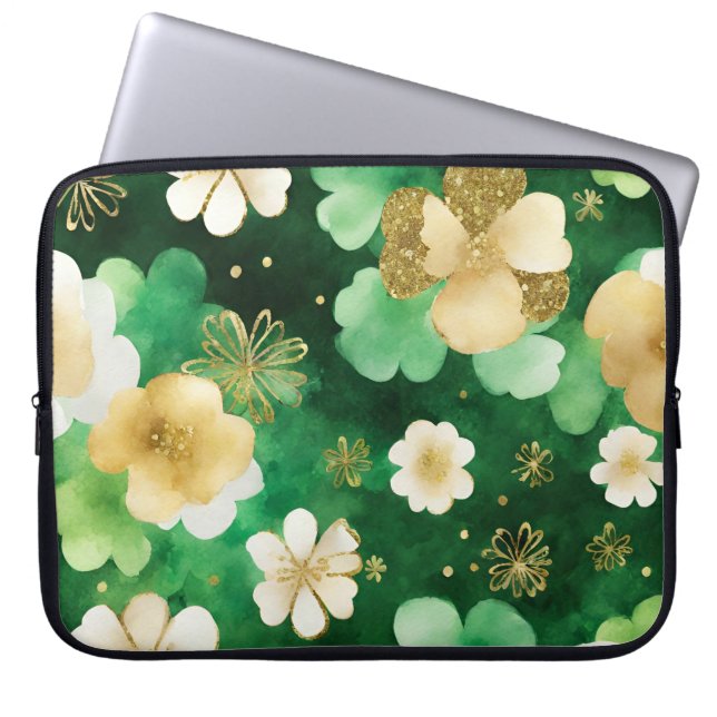 GROEN EN GOUD WATERVERF IERSE SHAMROCKS LAPTOP SLEEVE (Voorkant)