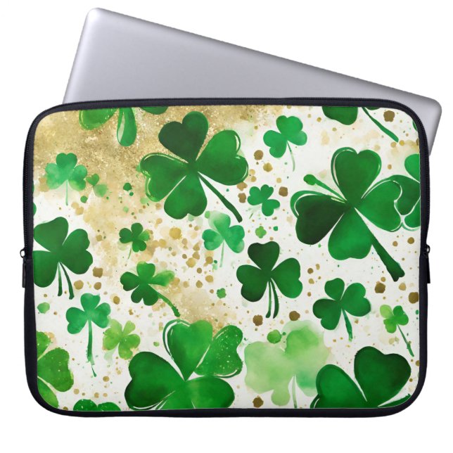GROEN EN GOUD WATERVERF IERSE SHAMROCKS LAPTOP SLEEVE (Voorkant)