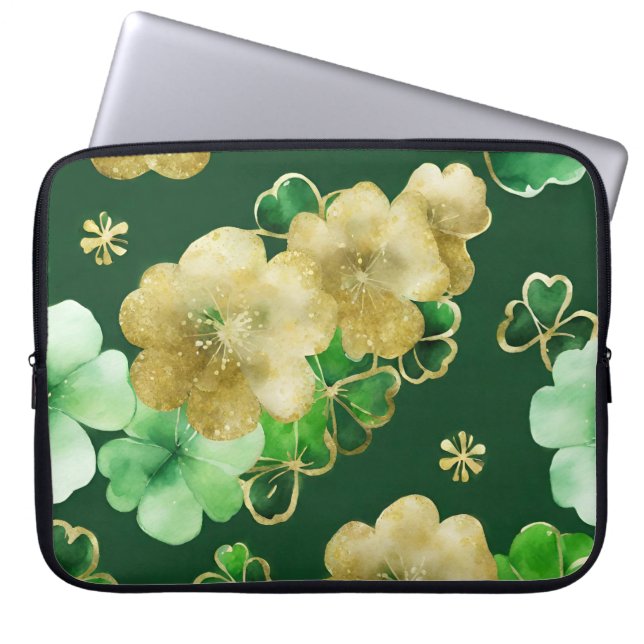 GROEN EN GOUD WATERVERF IERSE SHAMROCKS LAPTOP SLEEVE (Voorkant)