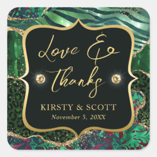 Groen en Goud Wilde Jungle Glitter Agate Bruiloft Vierkante Sticker