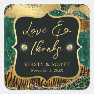 Groen en Goud Wilde Jungle Glitter Agate Bruiloft Vierkante Sticker