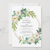 Groen en Goud Wit bloemenbruiloft uitnodiging (Voorkant)
