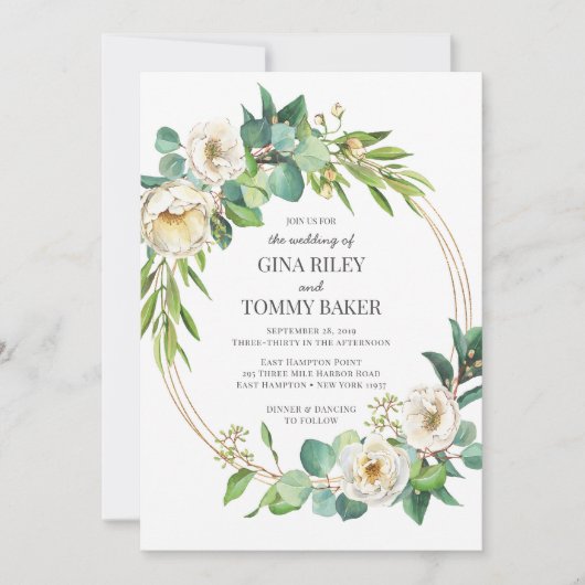 Groen en Goud Wit bloemenbruiloft uitnodiging (Voorkant)