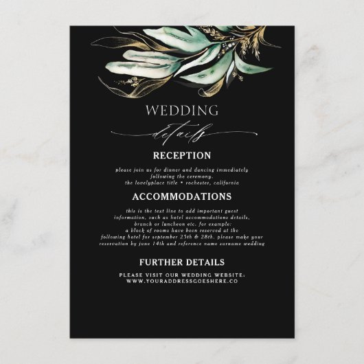 Groen en Goud Zwart Trouwdetails Informatiekaartje (Voorkant)