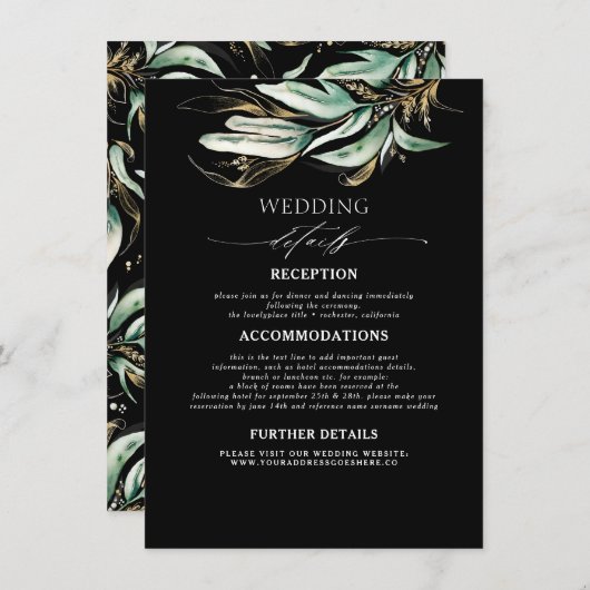 Groen en Goud Zwart Trouwdetails Informatiekaartje (Voorkant / Achterkant)