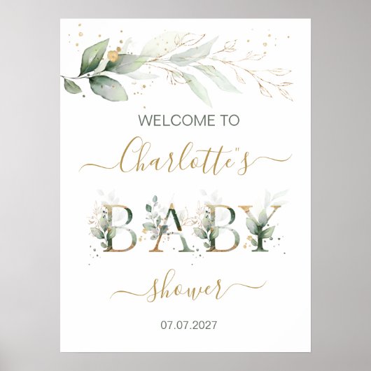 Groen en goudbladergoed Welkomstteken Baby shower Poster (Voorkant)
