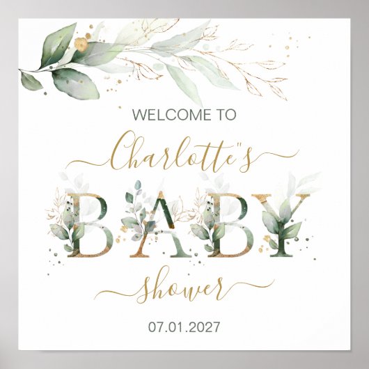 Groen en goudbladergoed Welkomstteken Baby shower Poster (Voorkant)
