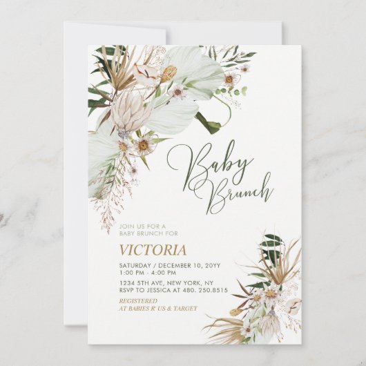 Groen en goudboho Botanisch Baby shower Brunch Kaart (Voorkant)