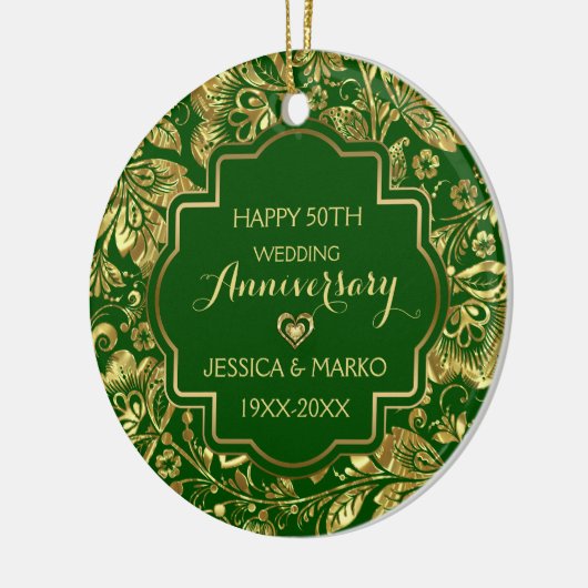 Groen en gouden 50ste Jubileum voor bruiloft Keramisch Ornament (Links)