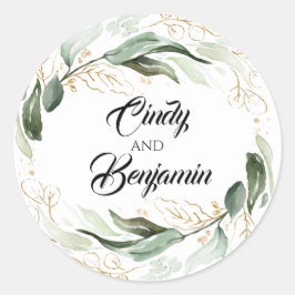 Groen en Gouden Bladeren Eucalyptus Bruiloft Ronde Sticker