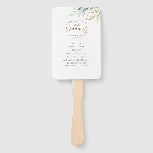 Groen en Gouden Bladeren Trouwprogramma Handwaaier (Voorkant)