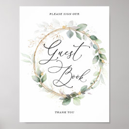 Groen en Gouden Bruiloftsreceptie Gastboek Bord Poster