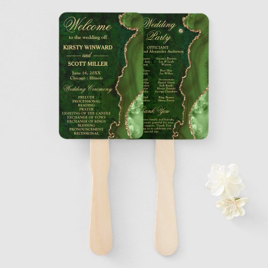 Groen en gouden faux Glitter Agate Wedding Program Handwaaier (Voorkant en achterkant)