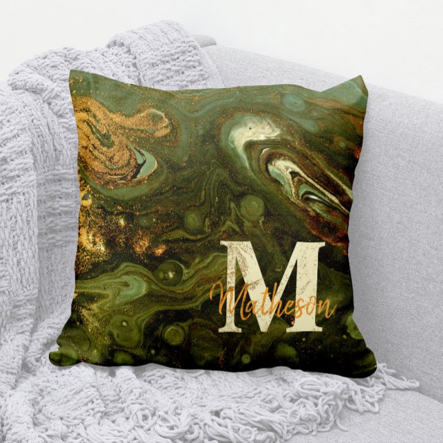 Groen en gouden Geode + Speckles Monogram + Naam Kussen (Rustic Green and Gold Geodes Pillow with your Family Monogram and Family Name)