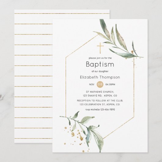 Groen en gouden glitters geometrische doop kaart (Voorkant / Achterkant)