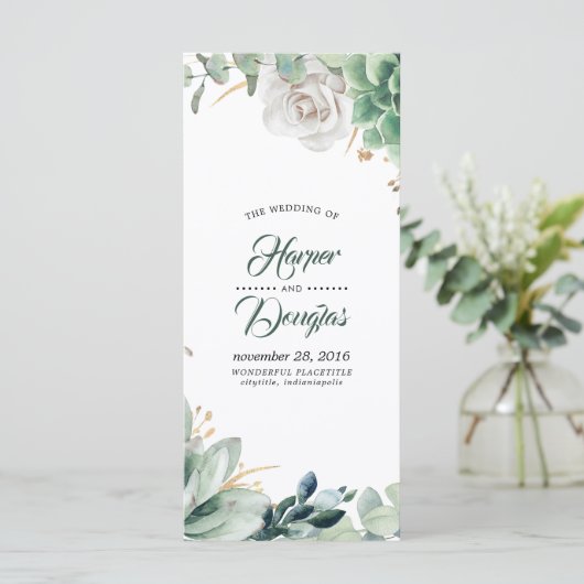 Groen en gouden huwelijksprogramma's programmakaart (Staand voorkant)