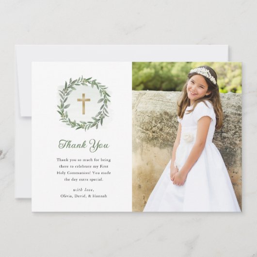 Groen en gouden kruis | Foto eerste communie Bedankkaart (Voorkant)