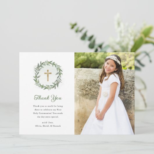 Groen en gouden kruis | Foto eerste communie Bedankkaart (Staand voorkant)