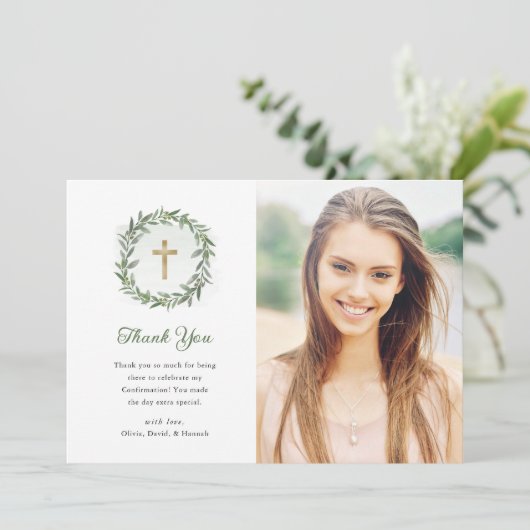 Groen en gouden kruis | Fotobevestiging Bedankkaart (Staand voorkant)