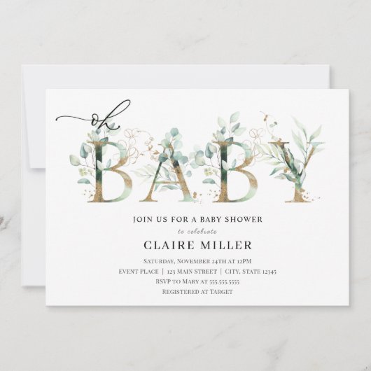 Groen en gouden letters Oh Baby Shower Kaart (Voorkant)