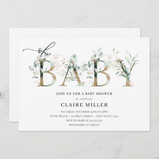 Groen en gouden letters Oh Baby Shower Kaart (Voorkant / Achterkant)