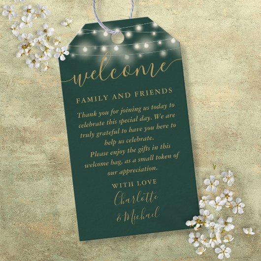 Groen En Gouden Lichtjes Trouwgunst Welkomstmand Cadeaulabel