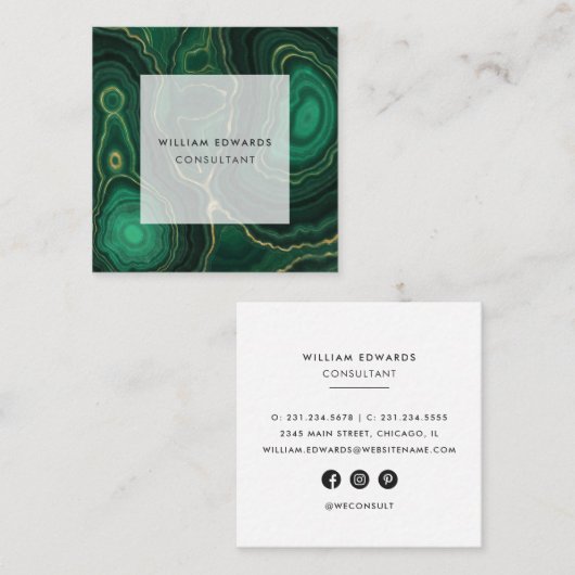 Groen en gouden marmer Malachite Stone Square Vierkante Visitekaartje (Voorkant / Achterkant)