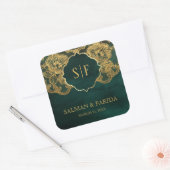 Groen en gouden olielaas Monogram Wedding Favor Vierkante Sticker (Envelop)