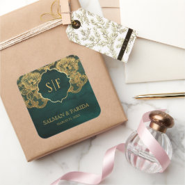 Groen en gouden olielaas Monogram Wedding Favor Vierkante Sticker