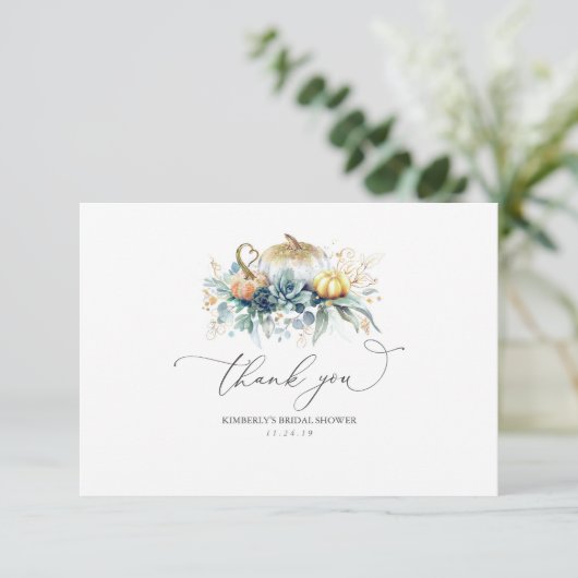Groen en gouden pompoenen bruidsdouche bedankje bedankkaart (Staand voorkant)