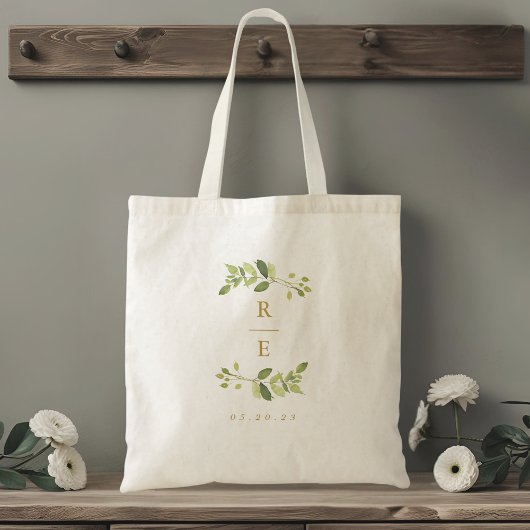 Groen en gouden trouwmonogram tote bag