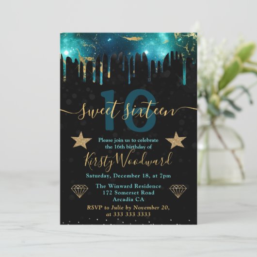 Groen en goudgalaxy Marble Sweet Sixteen Kaart (Staand voorkant)