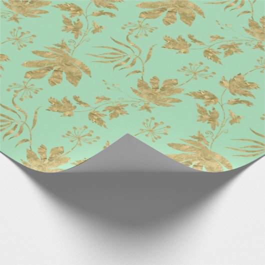 Groen en goudkleurige Planten en bladeren Cadeaupapier (Hoek)