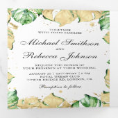 Groen en goudmonstera Palm Foto Collage Wedding Drieluik Uitnodiging (Binnenzijde eerst)