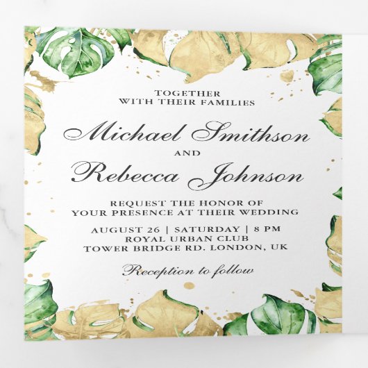 Groen en goudmonstera Palm Foto Collage Wedding Drieluik Uitnodiging (Binnenzijde eerst)