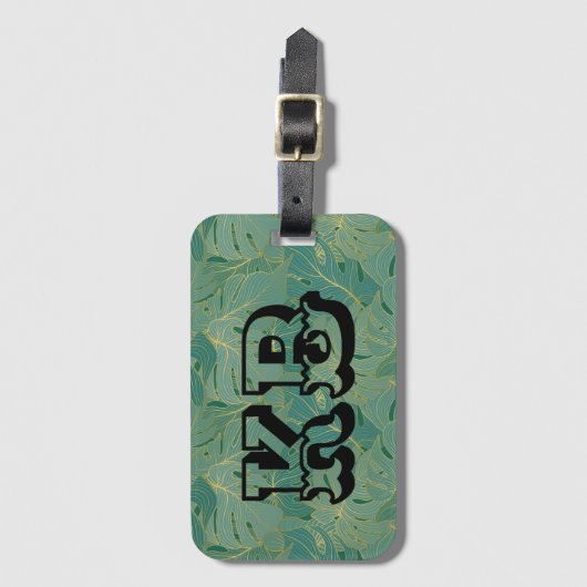 Groen en goudpalmblad bagagelabel (Voorkant (verticaal))