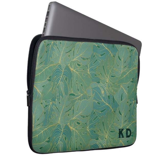 Groen en goudpalmblad laptop sleeve (Voorkant Rechts)