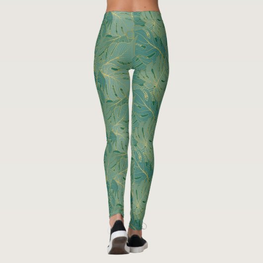 Groen en goudpalmblad leggings (Achterkant)