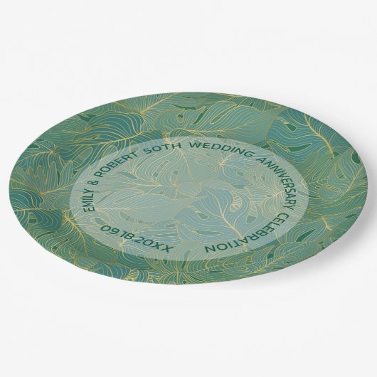 Groen en goudpalmblad papieren bordje (Gekanteld)