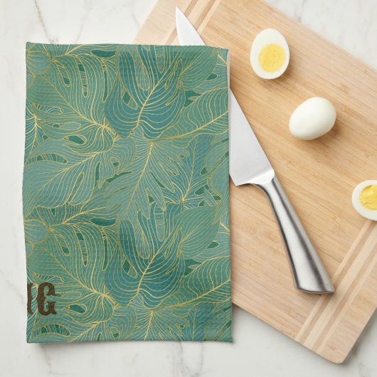 Groen en goudpalmblad theedoek (Quarter Fold)