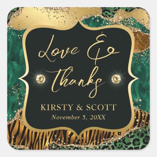 Groen en goudvrij Oerwoud Glitter Agate Wedding Vierkante Sticker (Voorkant)