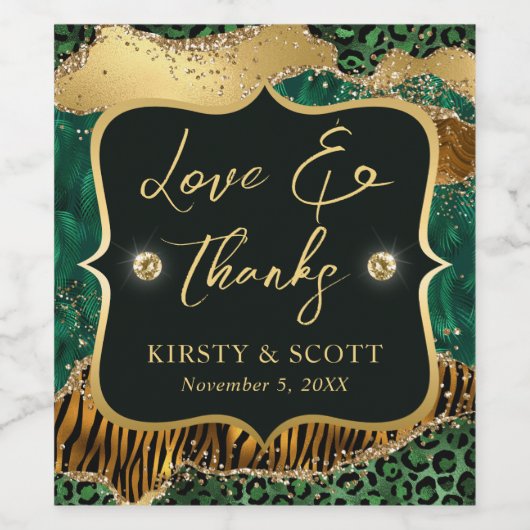 Groen en goudvrij Oerwoud Glitter Agate Wedding Wijn Etiket (Enkel label)