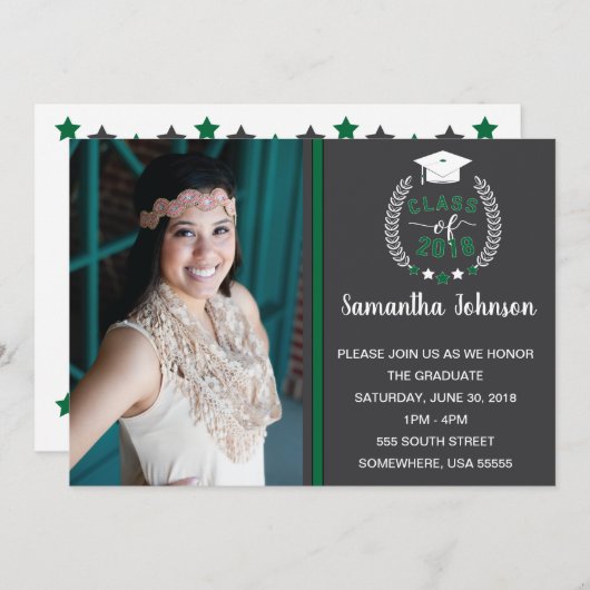 Groen en grijs afstudeerfeest uitnodigen kaart (Voorkant / Achterkant)